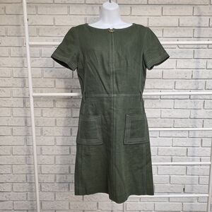 Tory Burch Green Shift Dress Contrast Stitch Pockets Size 2 No Belt